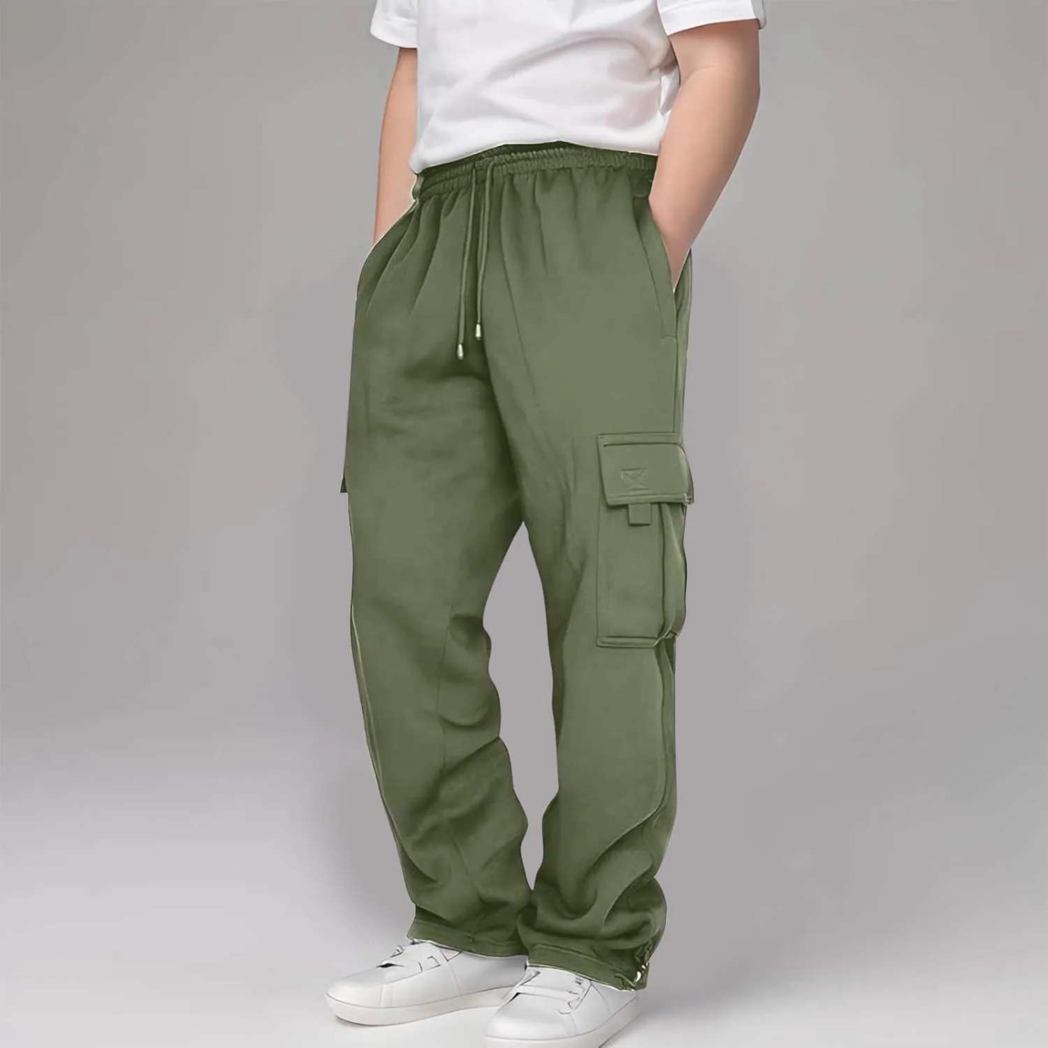 Boys' Open Bottom Fleece-Lined Sweatpants with Pockets High Elastic Waist Baggy Wide Straight Leg Pants 5-15 Years