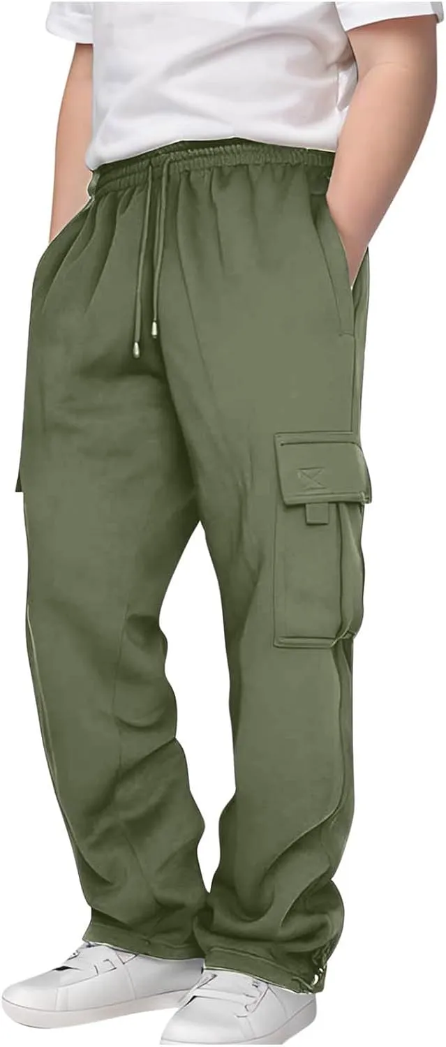 Boys' Open Bottom Fleece-Lined Sweatpants with Pockets High Elastic Waist Baggy Wide Straight Leg Pants 5-15 Years