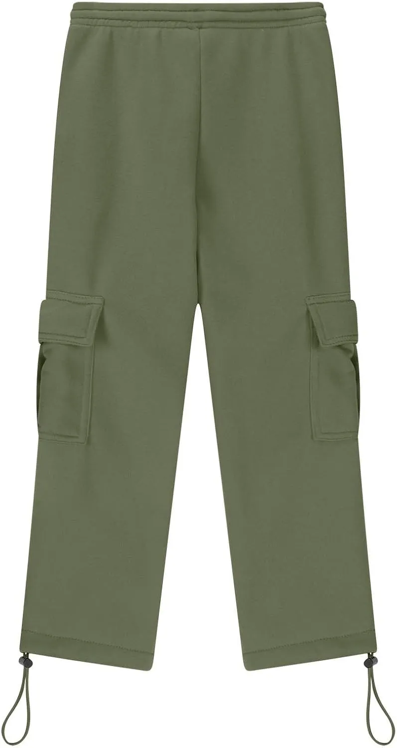 Boys' Open Bottom Fleece-Lined Sweatpants with Pockets High Elastic Waist Baggy Wide Straight Leg Pants 5-15 Years