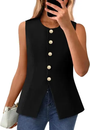 BTFBM Summer Sleeveless Blazer Vest For Women Dressy Button Down Round Neck Business Casual Outfits Work Suit Vests Tops