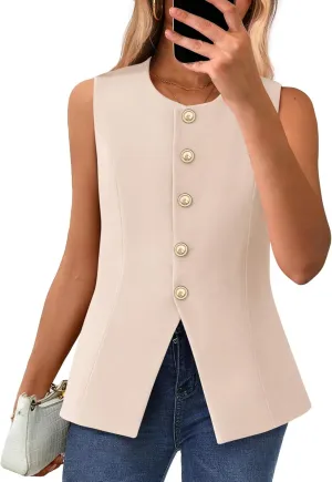 BTFBM Summer Sleeveless Blazer Vest For Women Dressy Button Down Round Neck Business Casual Outfits Work Suit Vests Tops