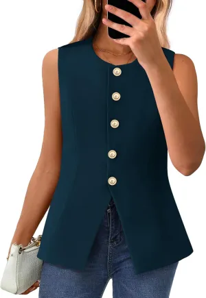 BTFBM Summer Sleeveless Blazer Vest For Women Dressy Button Down Round Neck Business Casual Outfits Work Suit Vests Tops