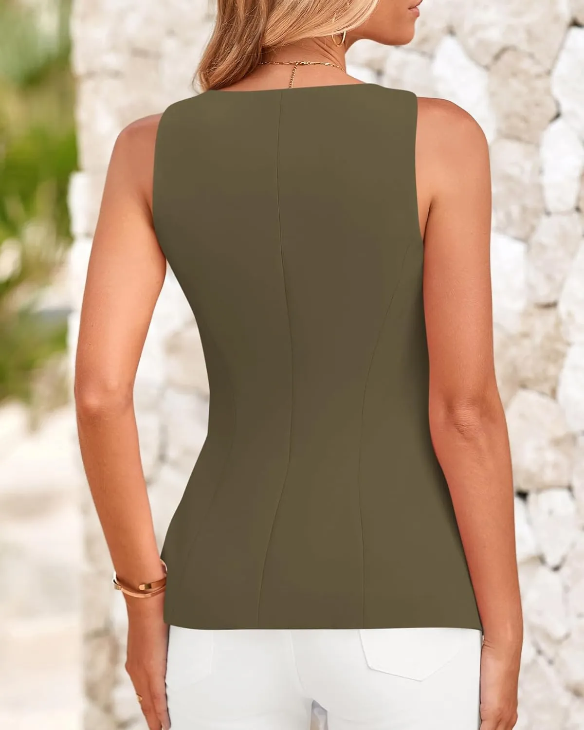 BTFBM Womens Sleeveless Suit Vests Dressy Casual Square Neck Business Work Waistcoat Summer Button Up Blazer Vest Tops