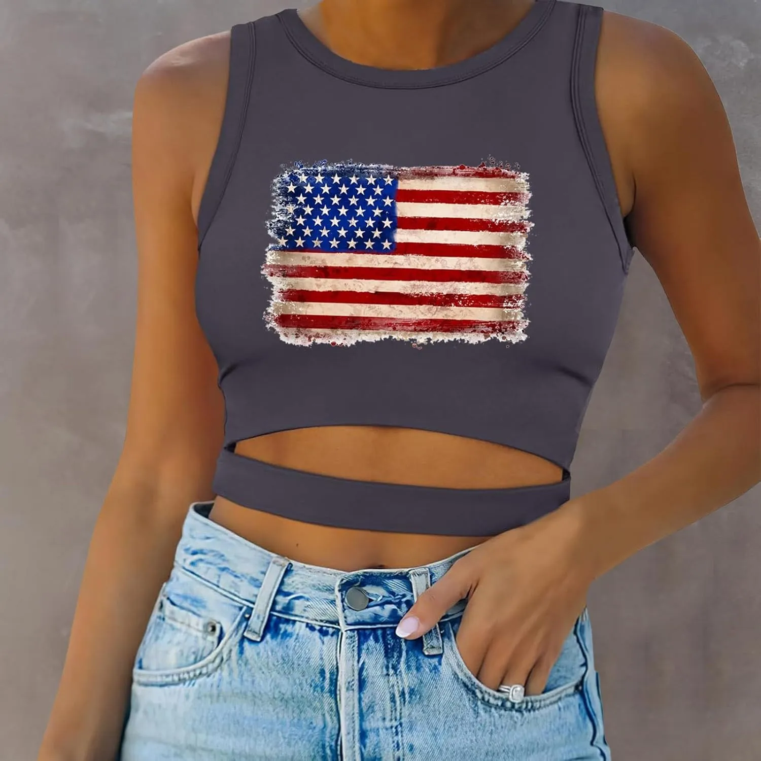 Camisole Tops for Women 2025 Up to Date Independence Days for Women Tank Tops High Neck Sexy Sleeveless Cutout Racer Back