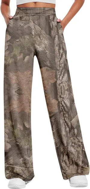 Camo Pants Womens Elastic Waisted Joggers Sweatpant Wide Leg Casual Baggy Sweatpants Camouflage Pant for Women
