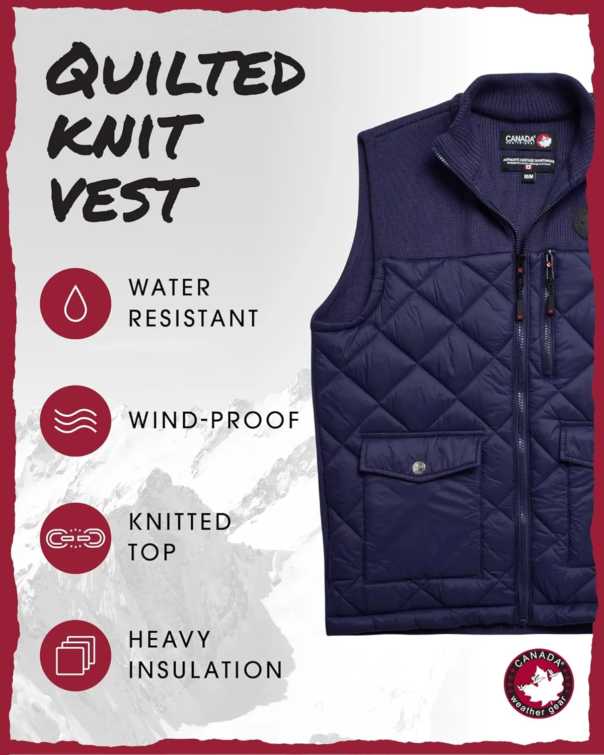 CANADA WEATHER GEAR Men's Vest - Zip Up Sweater Yoke Front and Back Quilted Warm Vest for Men - Men's Outerwear Vests (M-XXL)