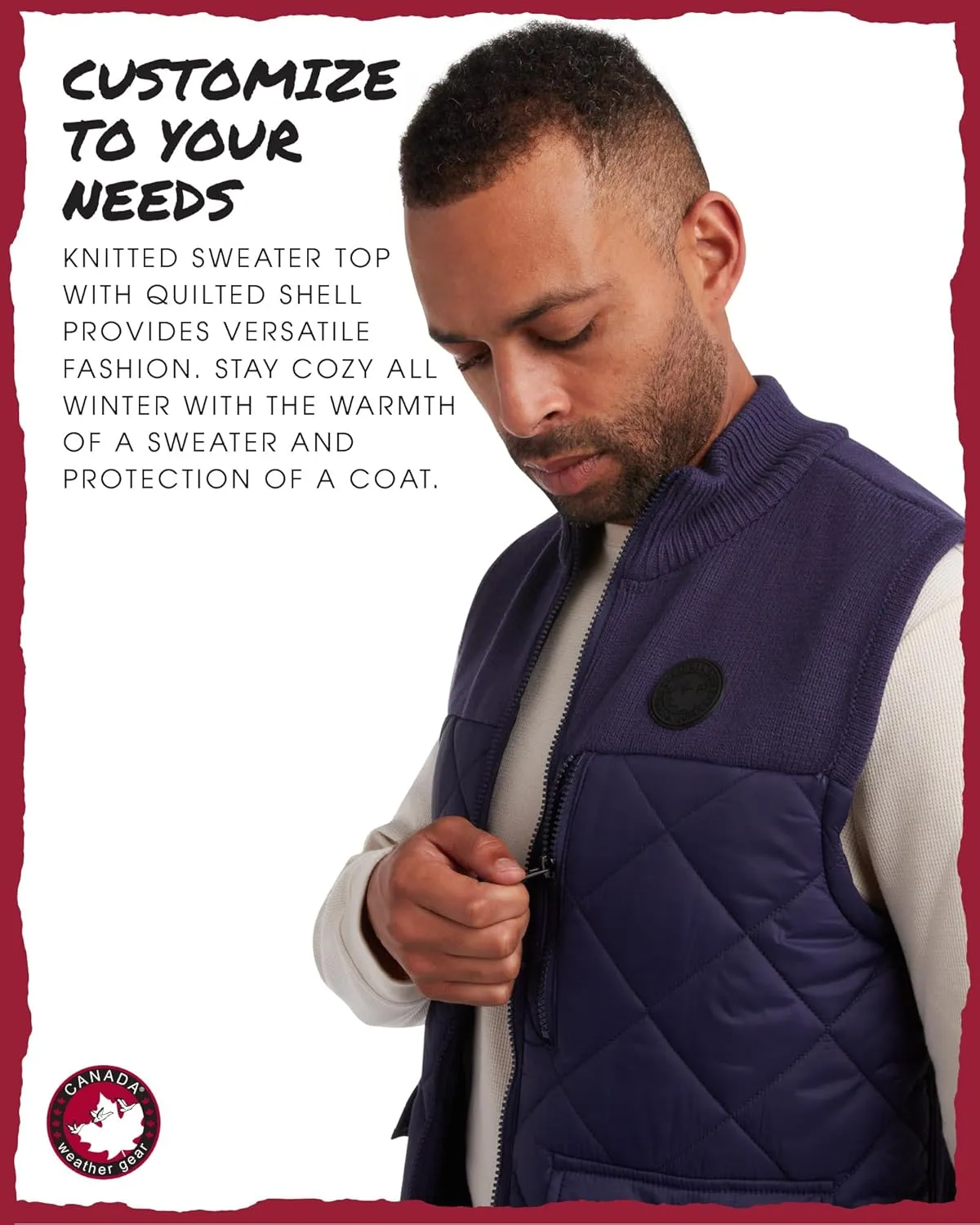 CANADA WEATHER GEAR Men's Vest - Zip Up Sweater Yoke Front and Back Quilted Warm Vest for Men - Men's Outerwear Vests (M-XXL)