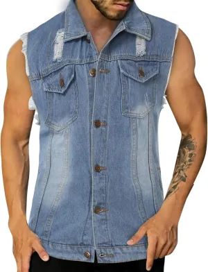 Chaqueta Denim Vest Para Hombre Slim Fit Button Down Sleeveless Shirts for Men Retro Distressed Destroyed Jeans Jacket