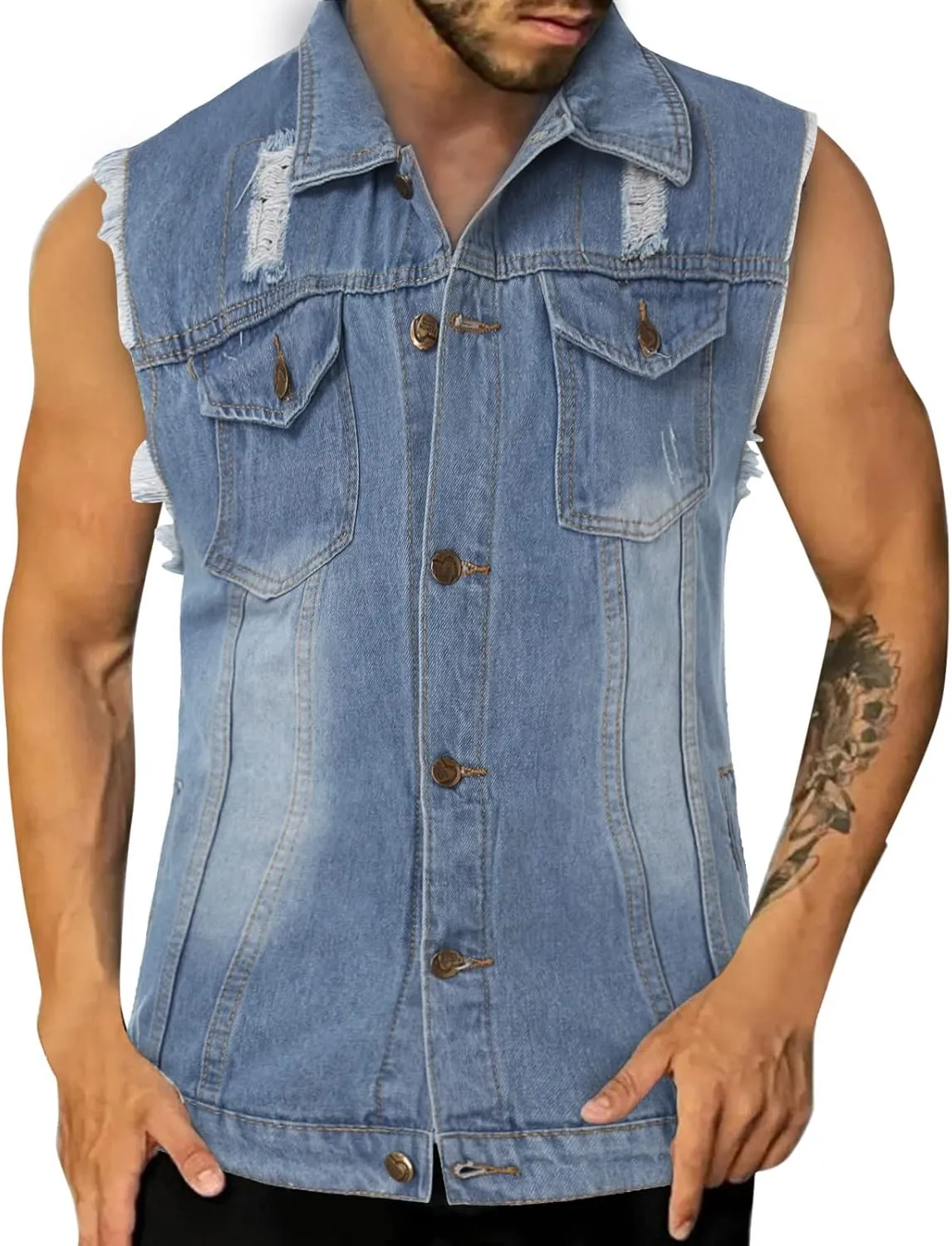 Chaqueta Denim Vest Para Hombre Slim Fit Button Down Sleeveless Shirts for Men Retro Distressed Destroyed Jeans Jacket