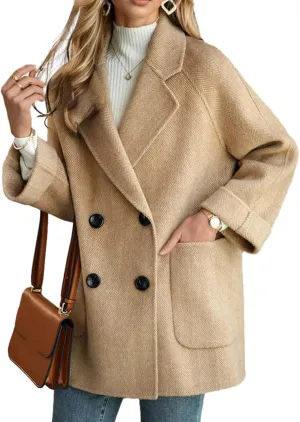 CHARTOU Women Wool Coat Peacoat Jacket Thick Loose Double Breasted Pea Coat Woolen Winter Overcoat
