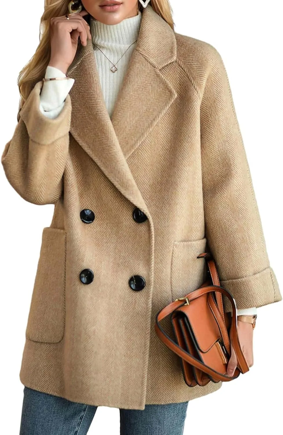 CHARTOU Women Wool Coat Peacoat Jacket Thick Loose Double Breasted Pea Coat Woolen Winter Overcoat