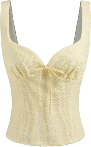 CIDER Shirts for Women Sweetheart Neck Stripe Shirred Bowknot Sleeveless Tank Top Cotton Blend Regular Top