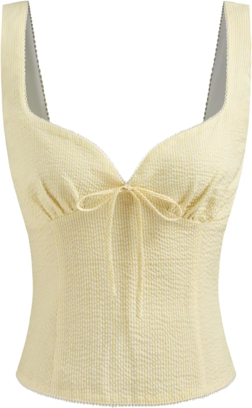 CIDER Shirts for Women Sweetheart Neck Stripe Shirred Bowknot Sleeveless Tank Top Cotton Blend Regular Top