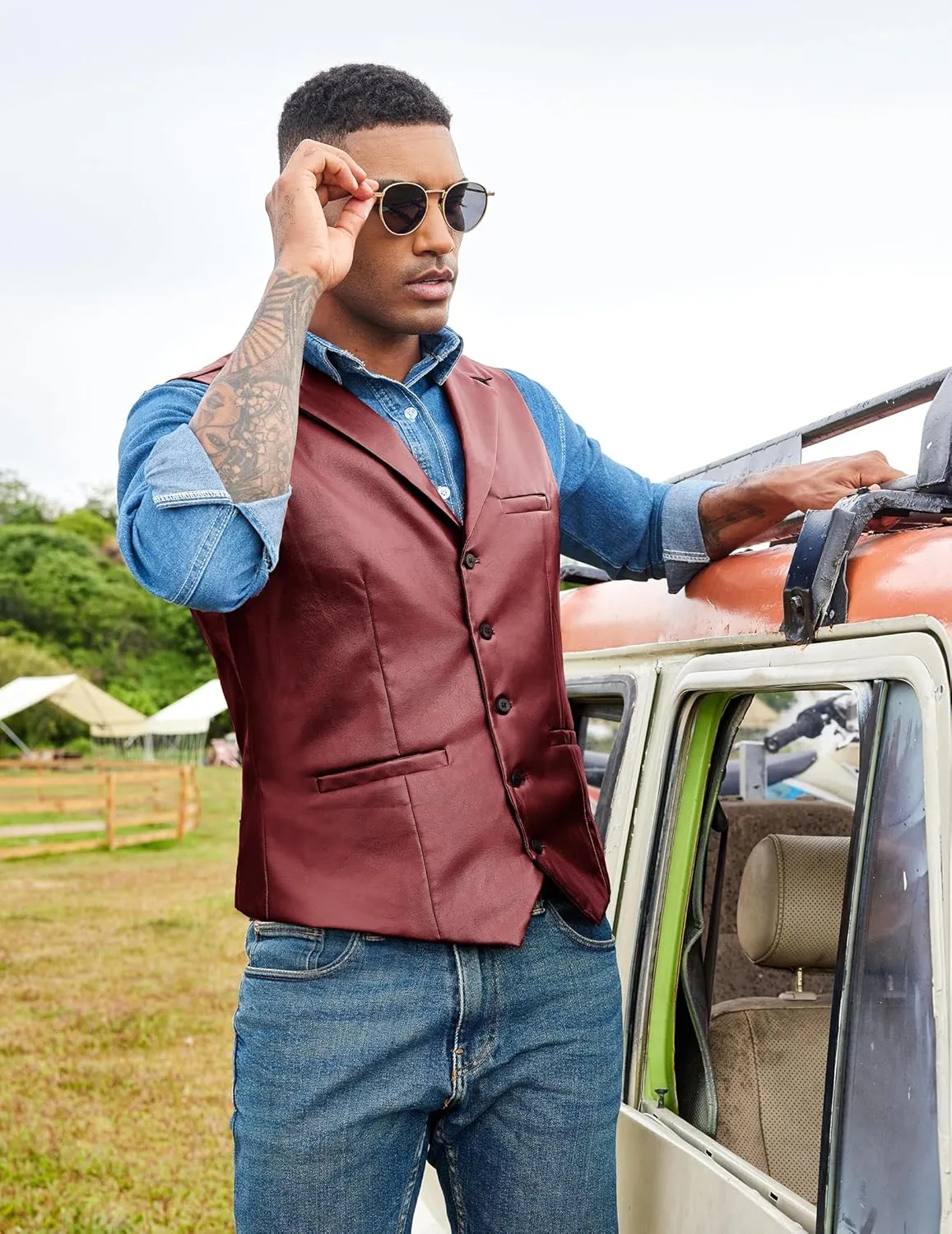 COOFANDY Men's Leather Suit Vest Casual Western Vest Jacket Lightweight V-Neck Dress Waistcoats