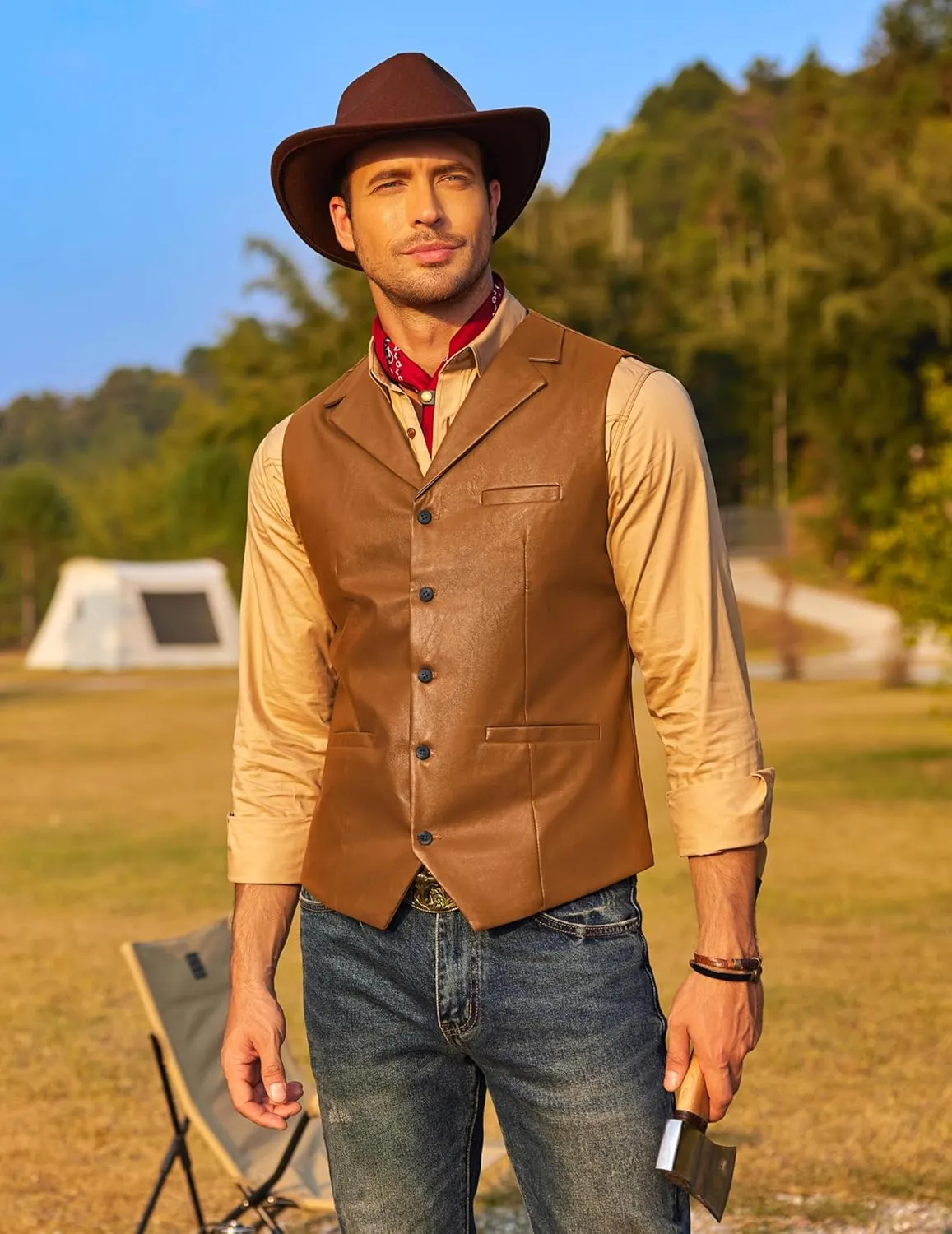 COOFANDY Men's Leather Suit Vest Casual Western Vest Jacket Lightweight V-Neck Dress Waistcoats
