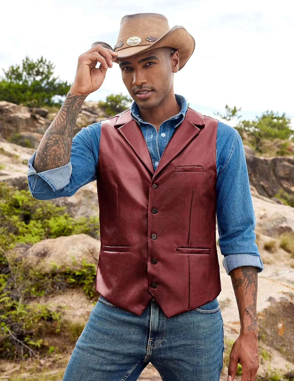 COOFANDY Men's Leather Suit Vest Casual Western Vest Jacket Lightweight V-Neck Dress Waistcoats