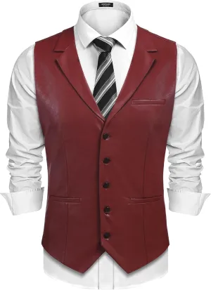 COOFANDY Men's Leather Suit Vest Casual Western Vest Jacket Lightweight V-Neck Dress Waistcoats