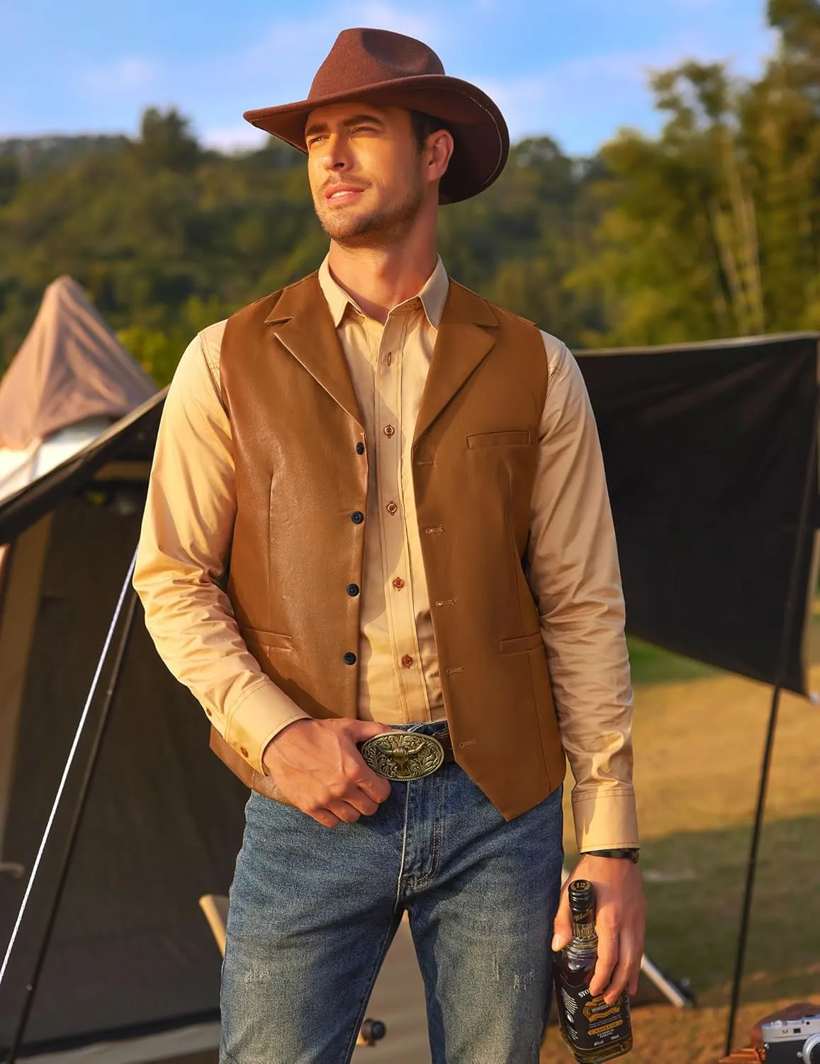 COOFANDY Men's Leather Suit Vest Casual Western Vest Jacket Lightweight V-Neck Dress Waistcoats