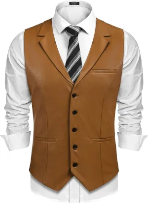COOFANDY Men's Leather Suit Vest Casual Western Vest Jacket Lightweight V-Neck Dress Waistcoats