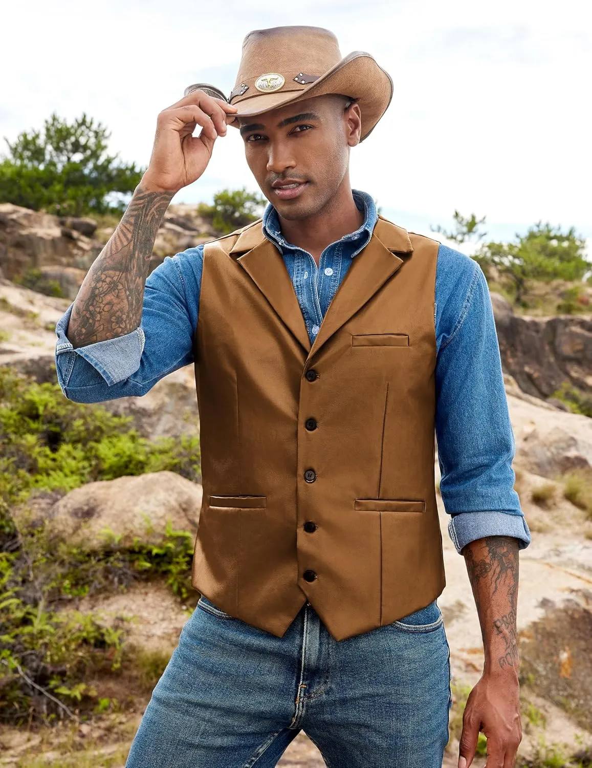 COOFANDY Men's Leather Suit Vest Casual Western Vest Jacket Lightweight V-Neck Dress Waistcoats