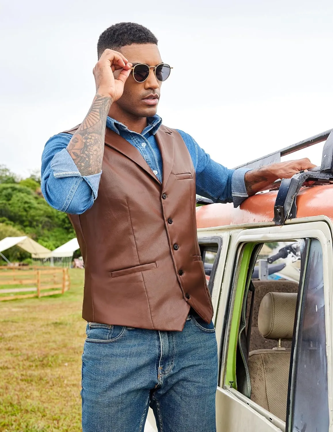 COOFANDY Men's Leather Suit Vest Casual Western Vest Jacket Lightweight V-Neck Dress Waistcoats