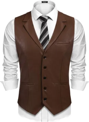 COOFANDY Men's Leather Suit Vest Casual Western Vest Jacket Lightweight V-Neck Dress Waistcoats