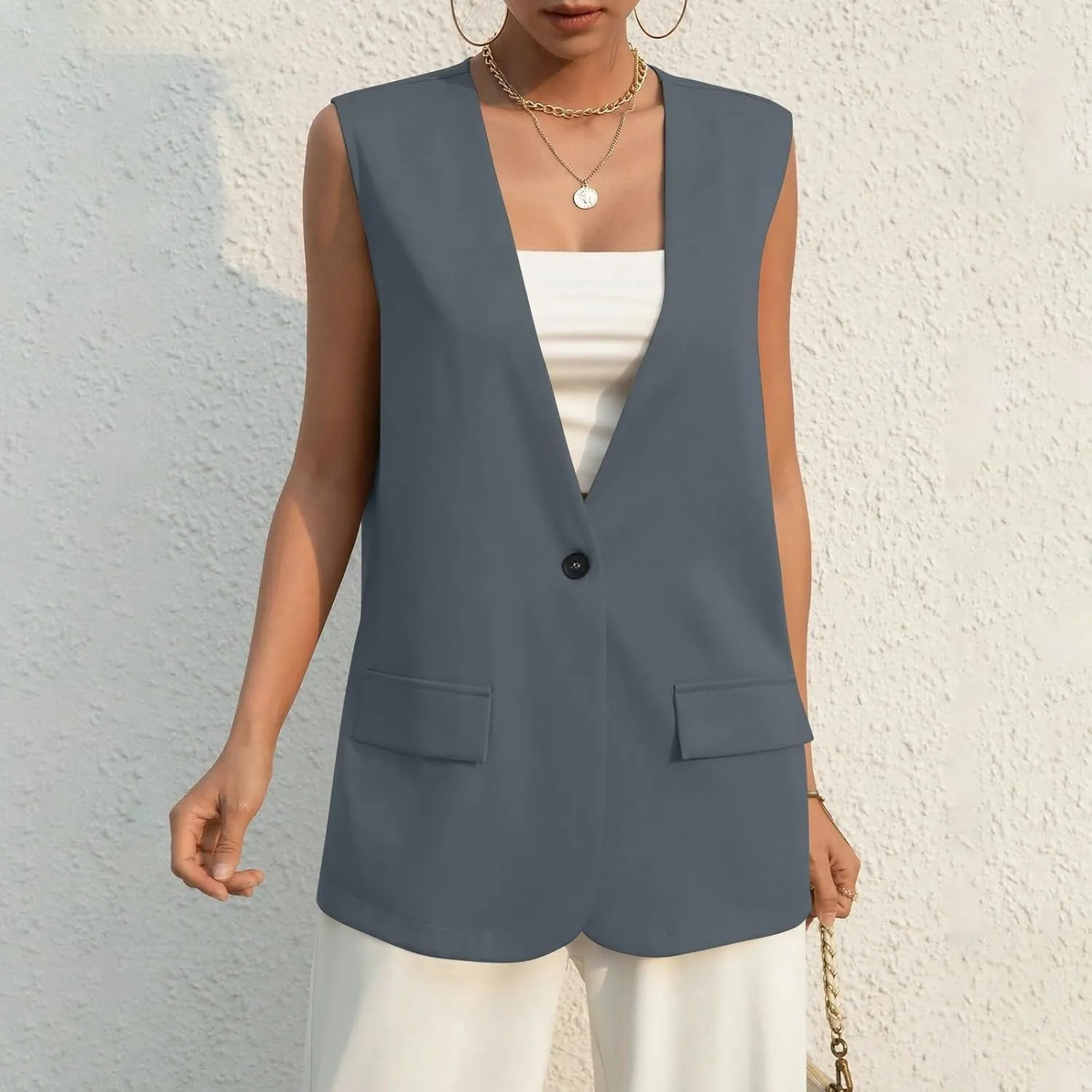 COTECRAM 2024 Vest Tops for Women Trendy Summer Sleeveless Blazer Jackets Button Casual Open Front Waistcoat Dressy Suit Vest