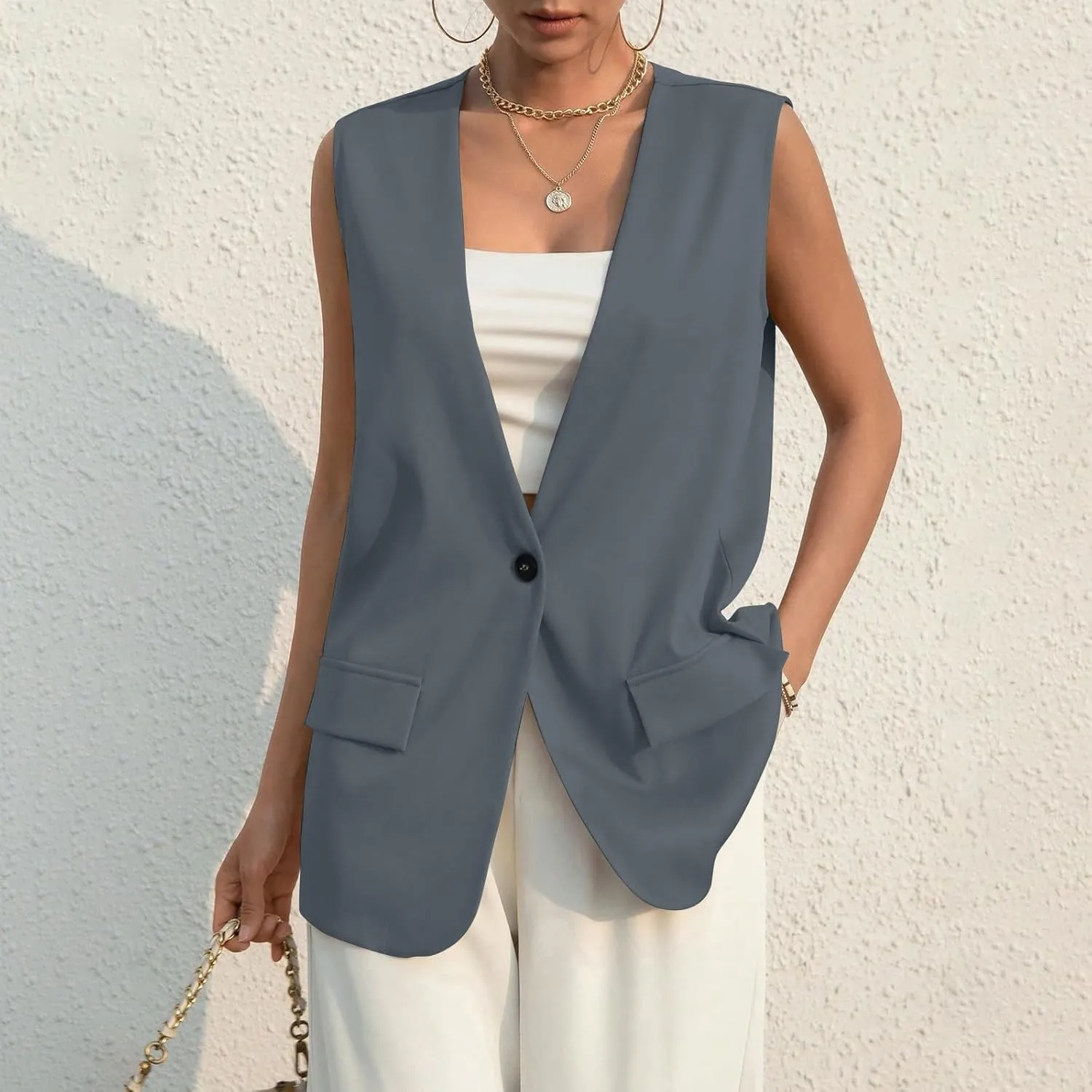 COTECRAM 2024 Vest Tops for Women Trendy Summer Sleeveless Blazer Jackets Button Casual Open Front Waistcoat Dressy Suit Vest