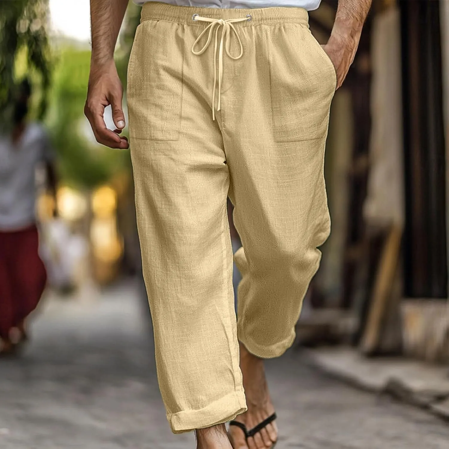Cotton Linen Pants for Men Drawstring Elastic Waist Yoga Pants Summer Breathable Travel Casual Trousers with Pockets