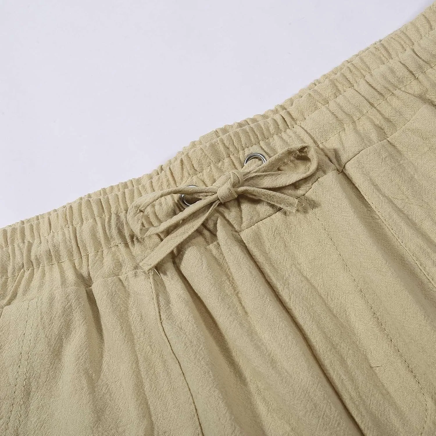 Cotton Linen Pants for Men Drawstring Elastic Waist Yoga Pants Summer Breathable Travel Casual Trousers with Pockets