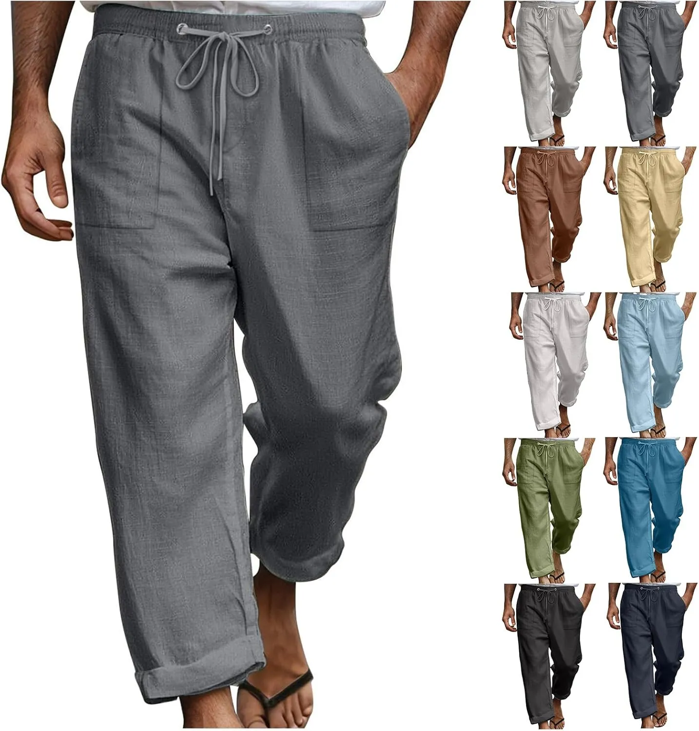 Cotton Linen Pants for Men Drawstring Elastic Waist Yoga Pants Summer Breathable Travel Casual Trousers with Pockets