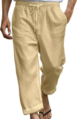 Cotton Linen Pants for Men Drawstring Elastic Waist Yoga Pants Summer Breathable Travel Casual Trousers with Pockets