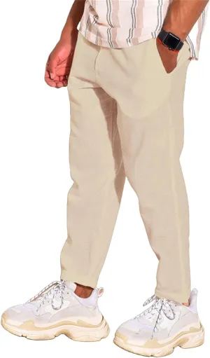 Cotton Linen Pants for Men Straight Legs Elastic Waist Casual Lightweight Regular Fit Pants Outdoor Business Trousers