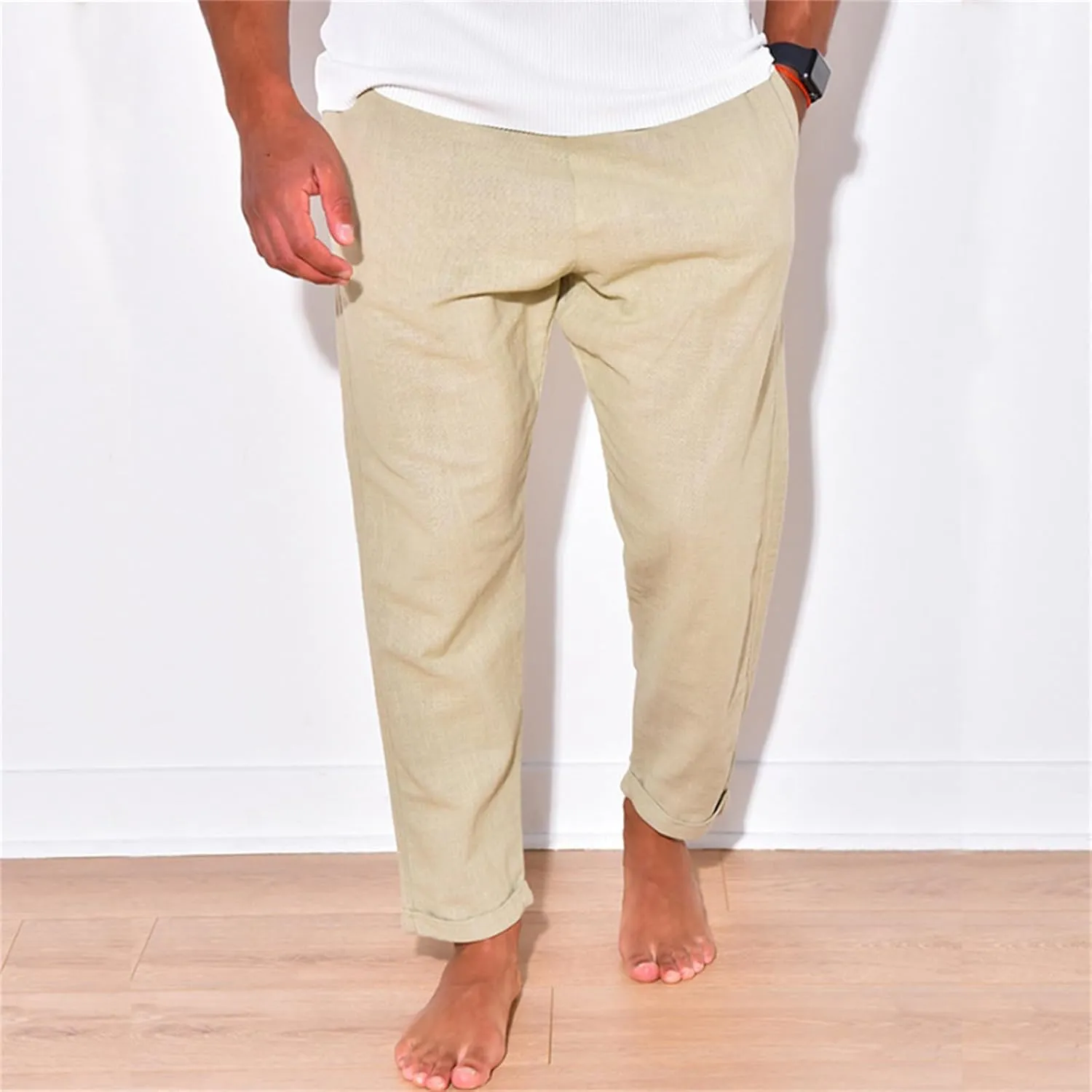 Cotton Linen Pants for Men Straight Legs Elastic Waist Casual Lightweight Regular Fit Pants Outdoor Business Trousers