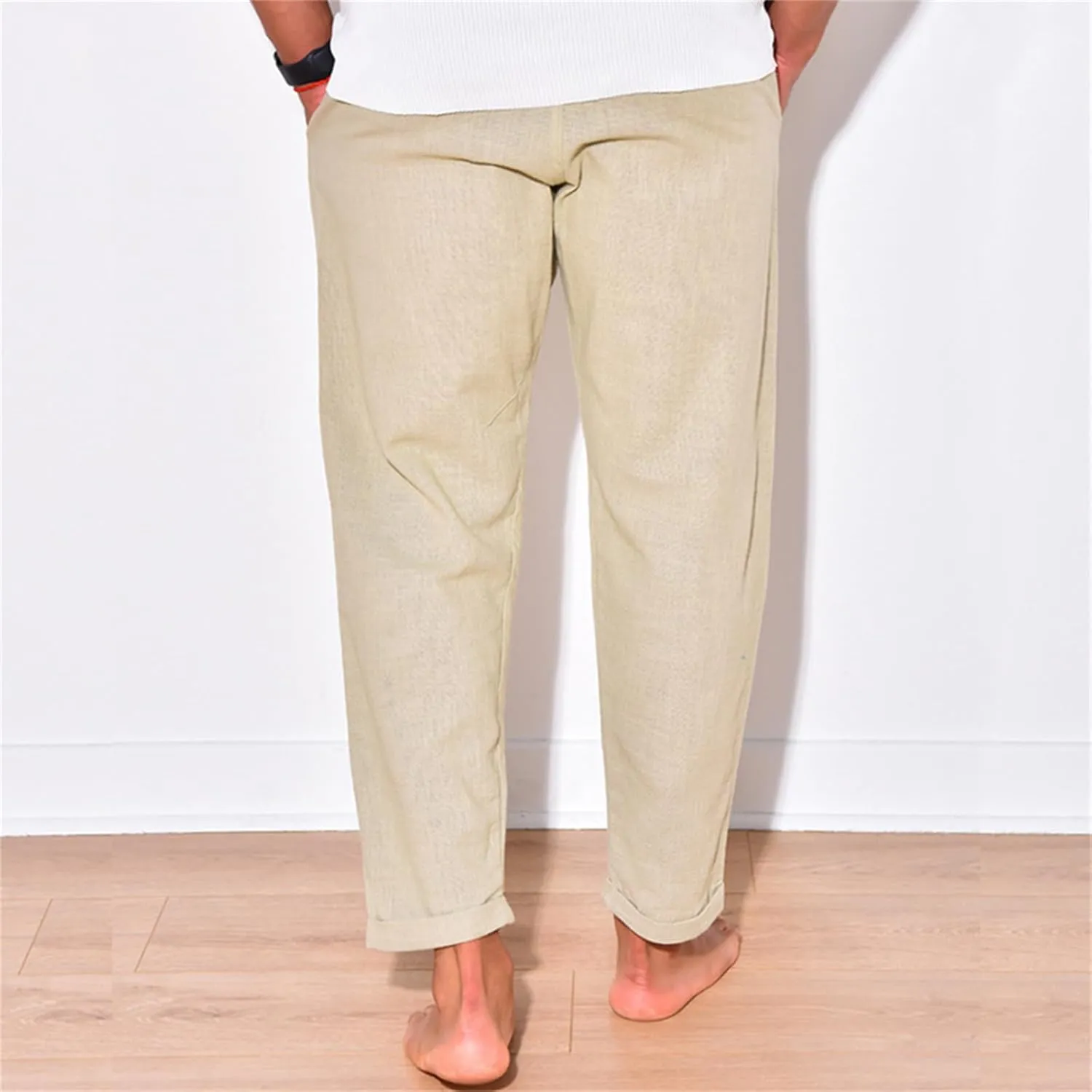 Cotton Linen Pants for Men Straight Legs Elastic Waist Casual Lightweight Regular Fit Pants Outdoor Business Trousers