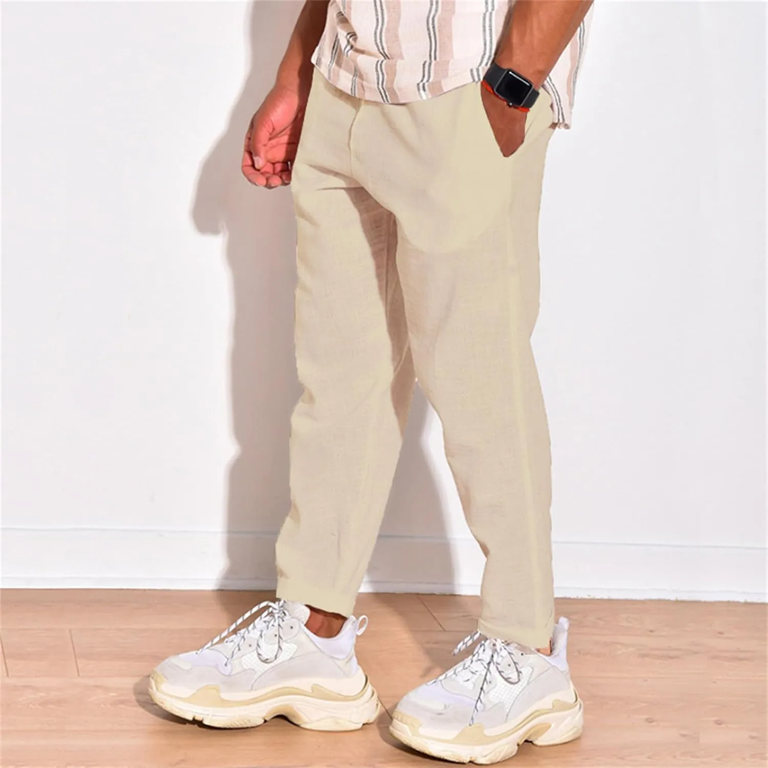 Cotton Linen Pants for Men Straight Legs Elastic Waist Casual Lightweight Regular Fit Pants Outdoor Business Trousers
