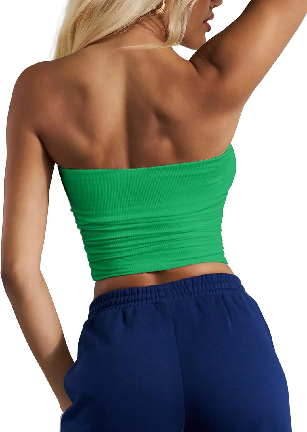 CSDAJIO Women's Casual Ruched Side Strapless Crop Tube Top Ribbed Knit Bandeau Top Summer Skinny Shirt