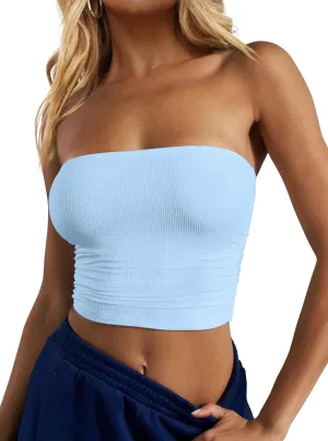 CSDAJIO Women's Casual Ruched Side Strapless Crop Tube Top Ribbed Knit Bandeau Top Summer Skinny Shirt