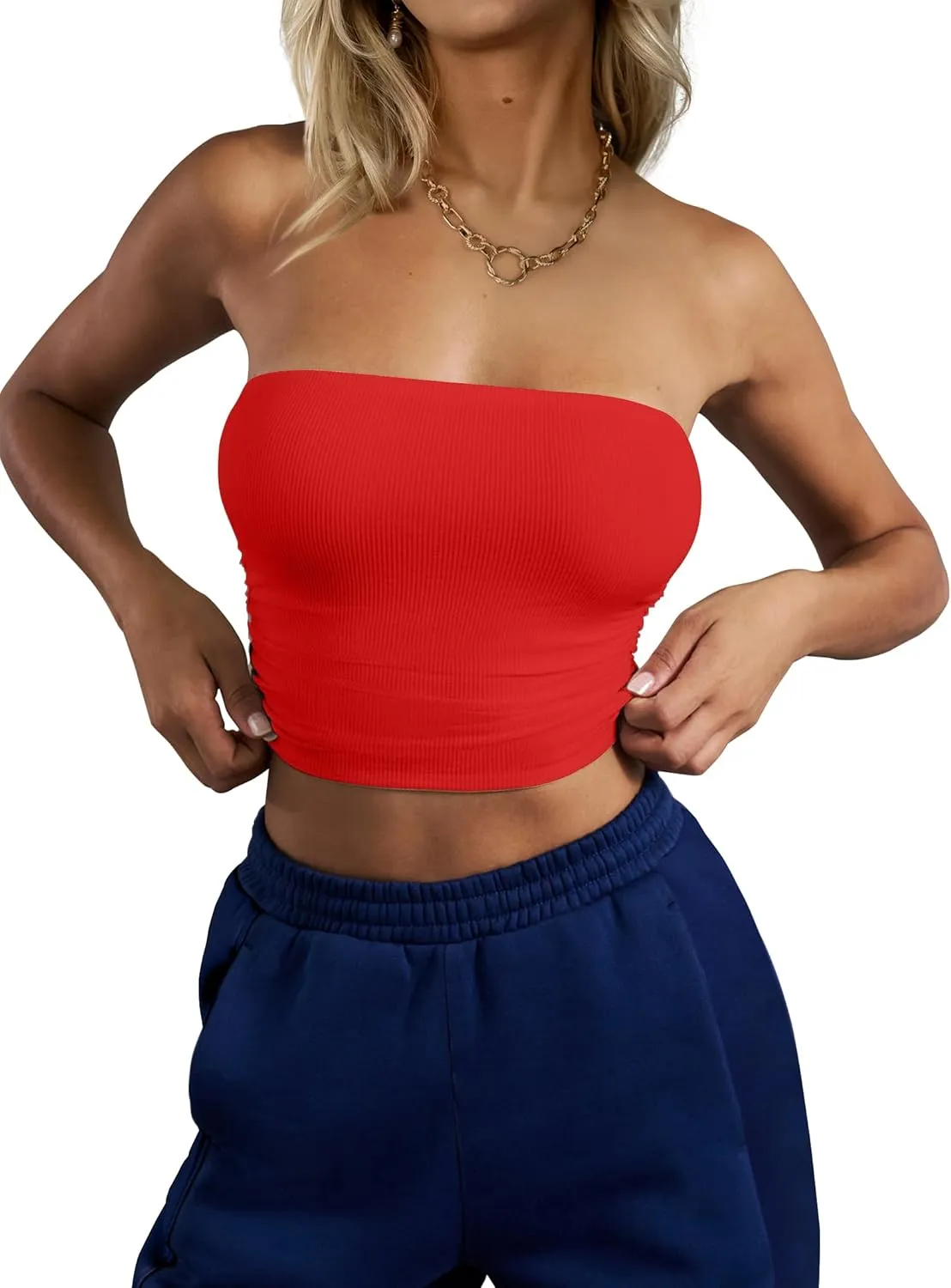 CSDAJIO Women's Casual Ruched Side Strapless Crop Tube Top Ribbed Knit Bandeau Top Summer Skinny Shirt