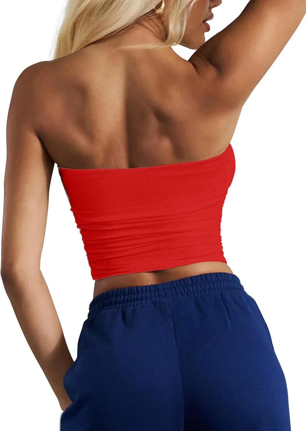 CSDAJIO Women's Casual Ruched Side Strapless Crop Tube Top Ribbed Knit Bandeau Top Summer Skinny Shirt