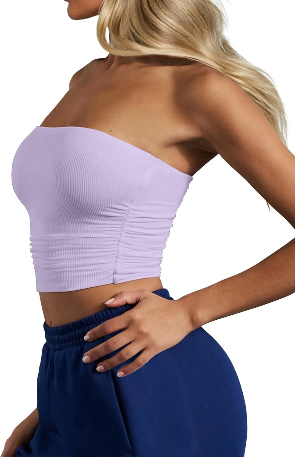 CSDAJIO Women's Casual Ruched Side Strapless Crop Tube Top Ribbed Knit Bandeau Top Summer Skinny Shirt