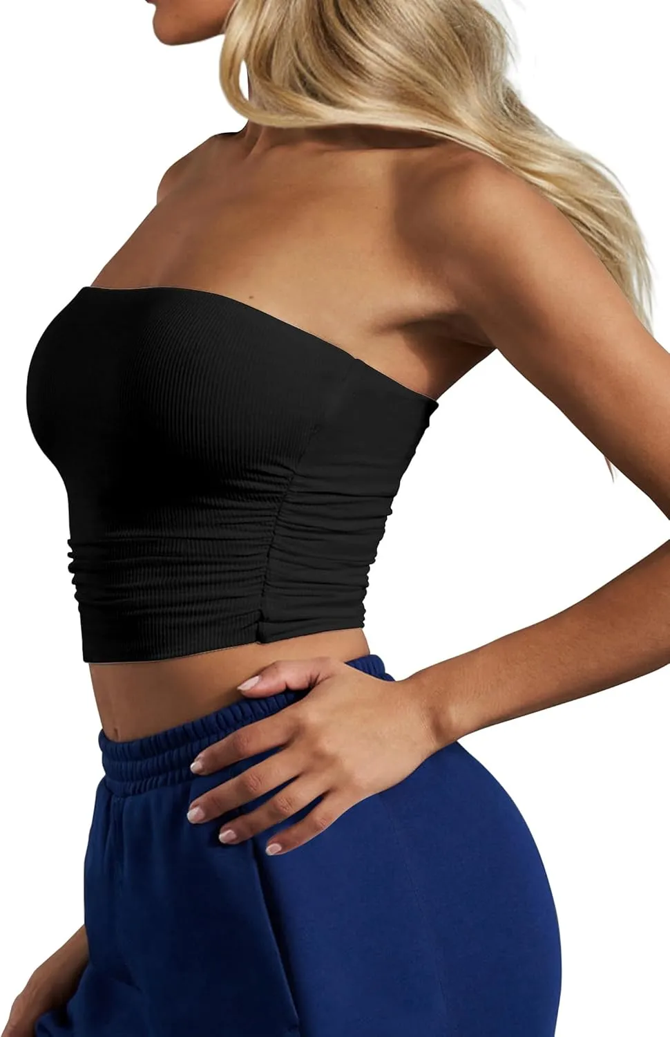 CSDAJIO Women's Casual Ruched Side Strapless Crop Tube Top Ribbed Knit Bandeau Top Summer Skinny Shirt