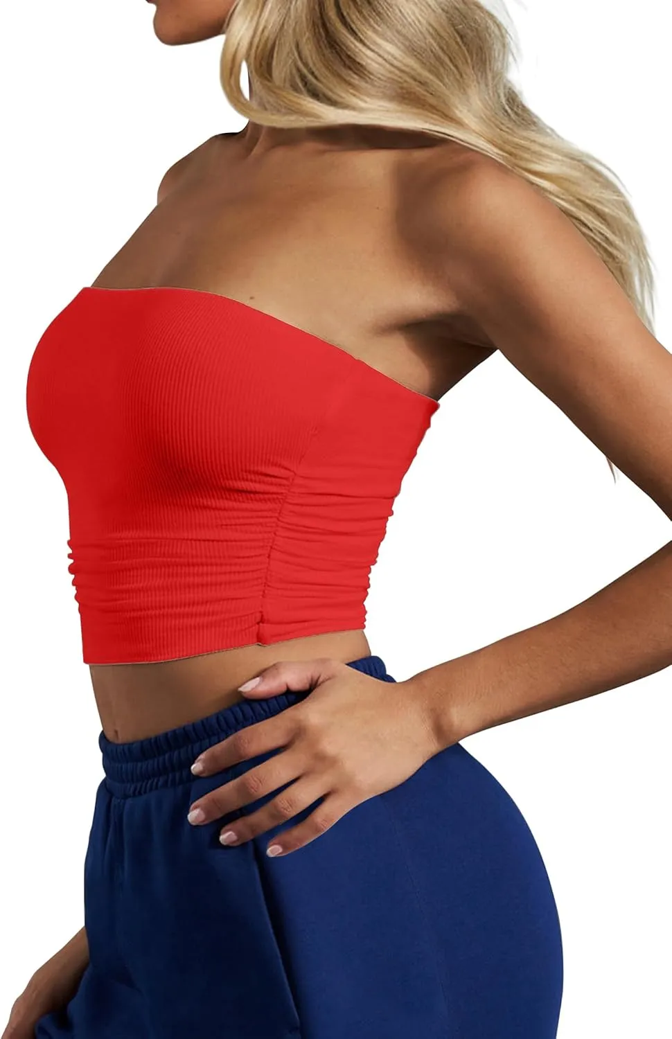 CSDAJIO Women's Casual Ruched Side Strapless Crop Tube Top Ribbed Knit Bandeau Top Summer Skinny Shirt