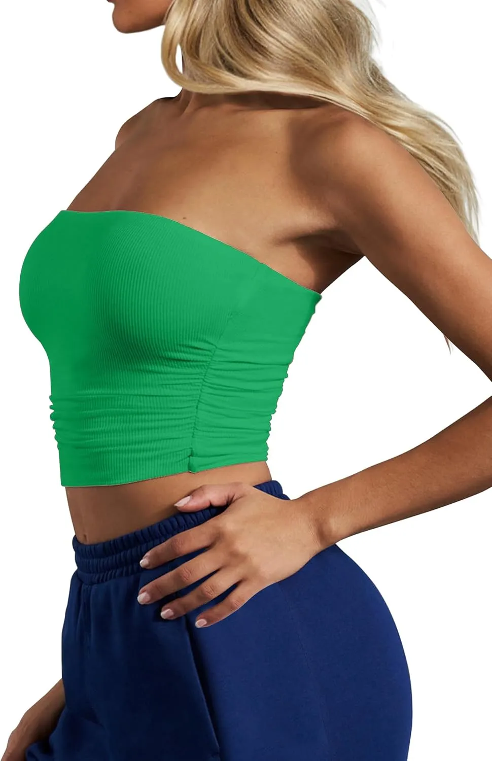 CSDAJIO Women's Casual Ruched Side Strapless Crop Tube Top Ribbed Knit Bandeau Top Summer Skinny Shirt