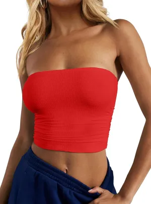 CSDAJIO Women's Casual Ruched Side Strapless Crop Tube Top Ribbed Knit Bandeau Top Summer Skinny Shirt