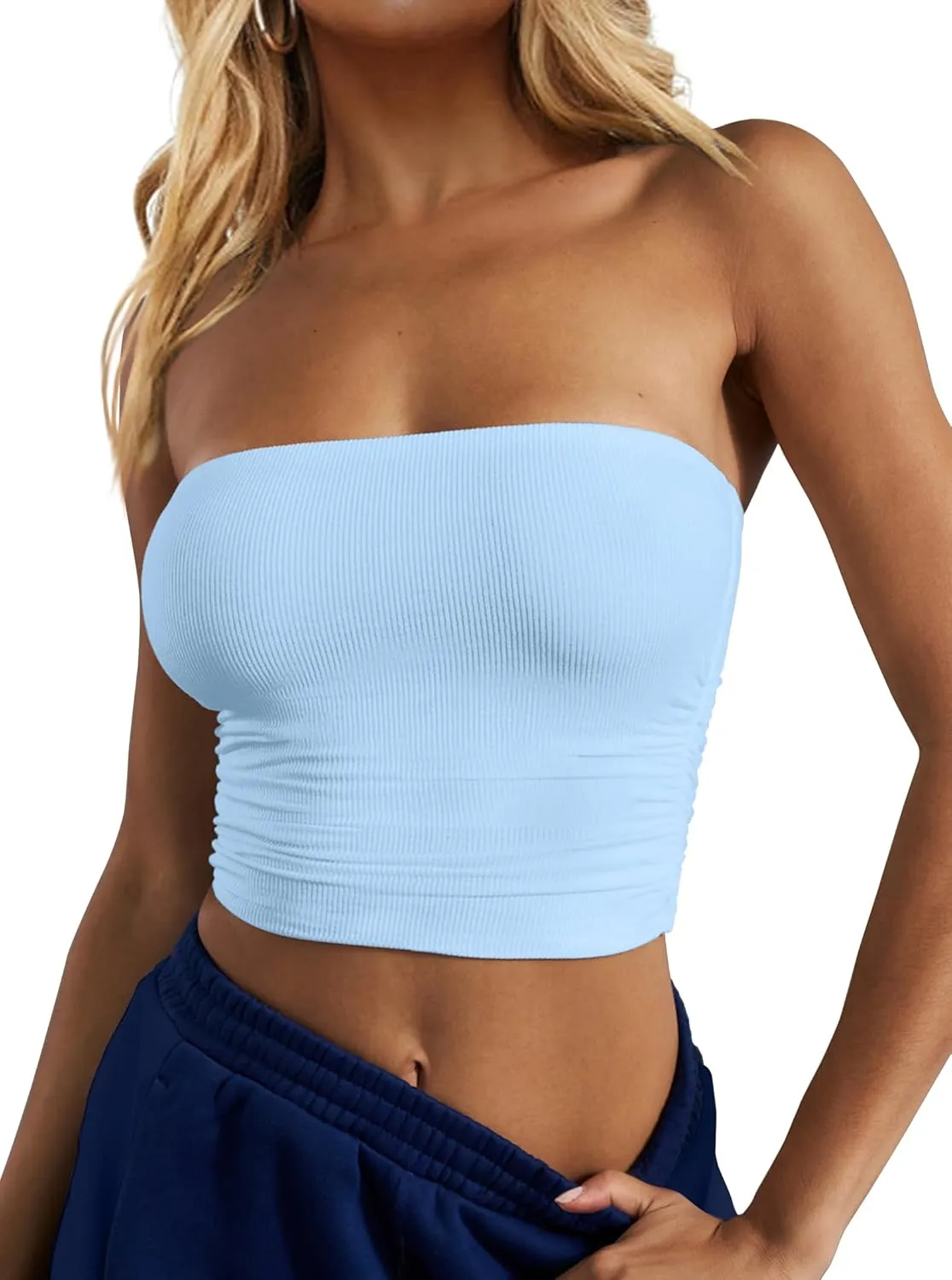 CSDAJIO Women's Casual Ruched Side Strapless Crop Tube Top Ribbed Knit Bandeau Top Summer Skinny Shirt