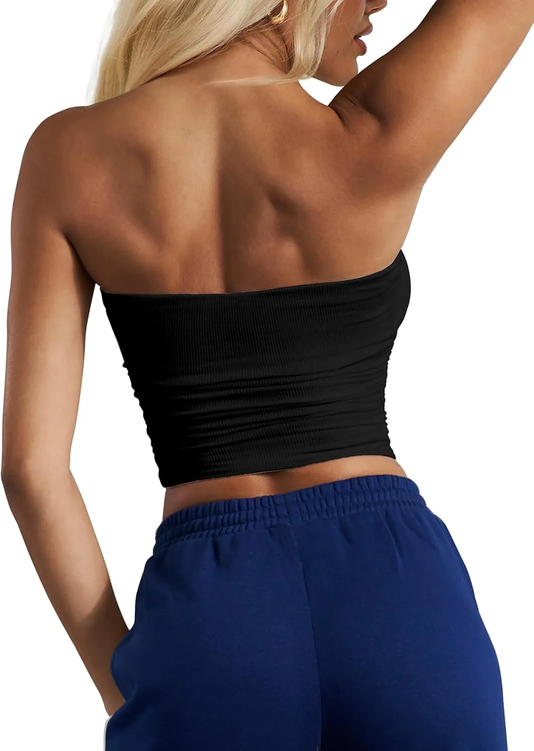 CSDAJIO Women's Casual Ruched Side Strapless Crop Tube Top Ribbed Knit Bandeau Top Summer Skinny Shirt