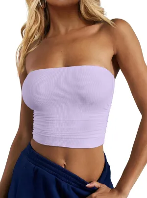 CSDAJIO Women's Casual Ruched Side Strapless Crop Tube Top Ribbed Knit Bandeau Top Summer Skinny Shirt