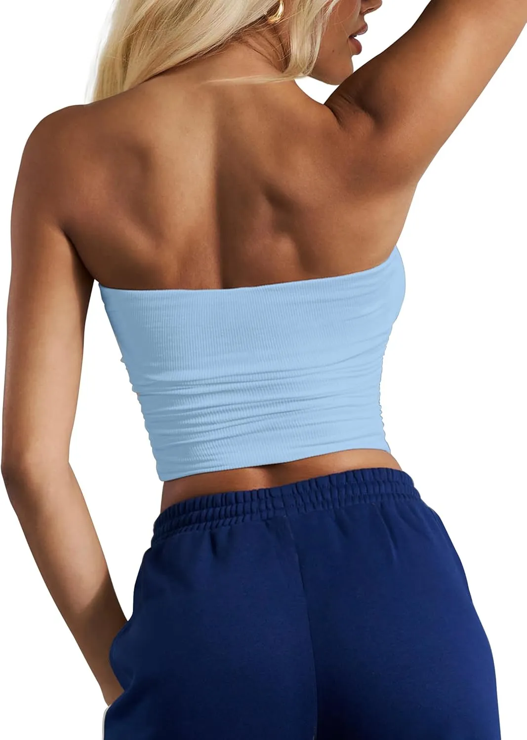 CSDAJIO Women's Casual Ruched Side Strapless Crop Tube Top Ribbed Knit Bandeau Top Summer Skinny Shirt