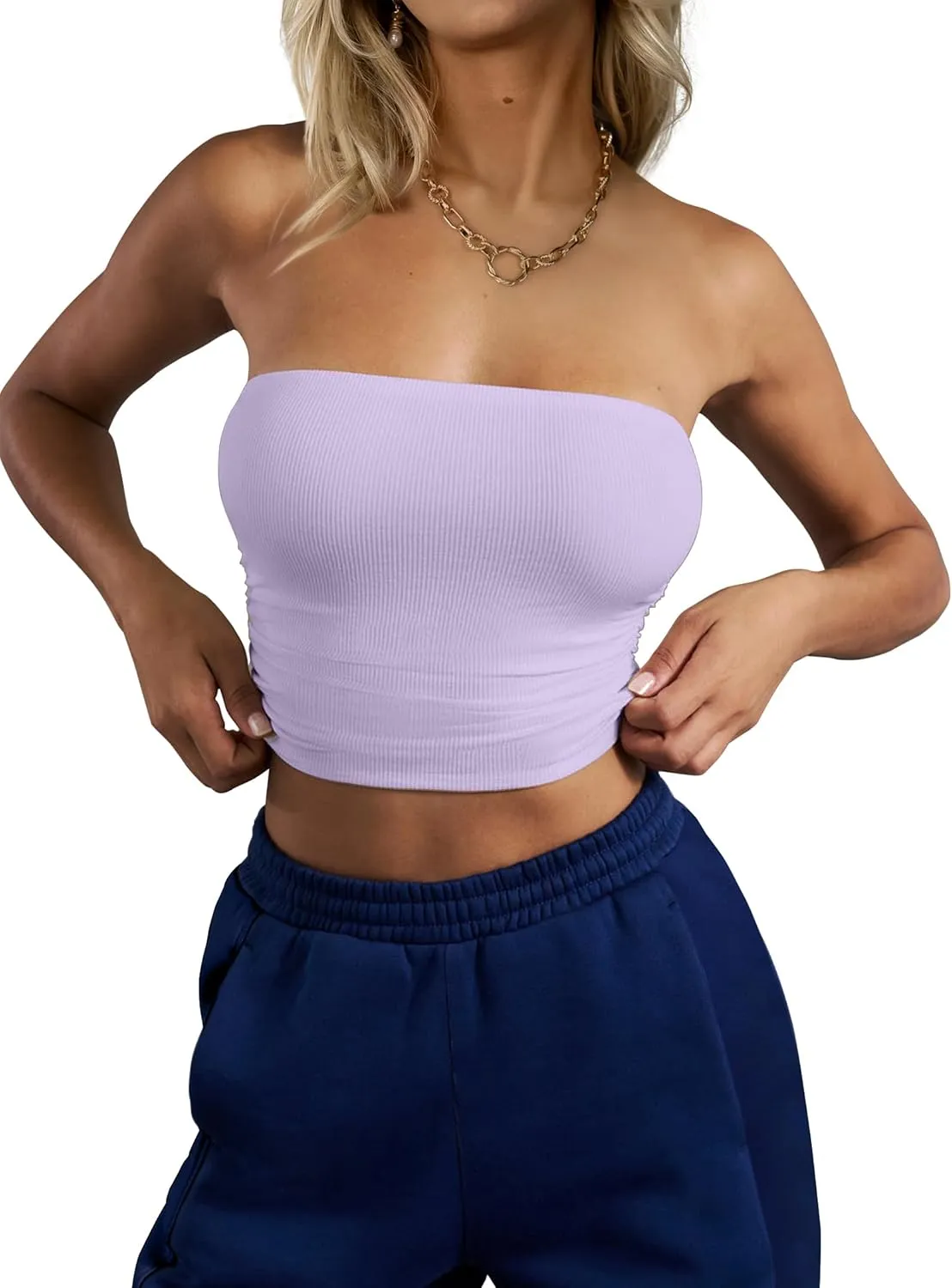 CSDAJIO Women's Casual Ruched Side Strapless Crop Tube Top Ribbed Knit Bandeau Top Summer Skinny Shirt